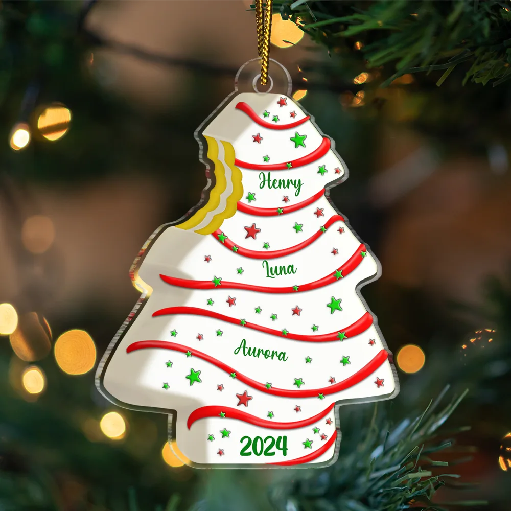 Bitten Christmas Tree Cake For Family With Kid Baby Name - Personalized Custom Shaped Acrylic Ornament