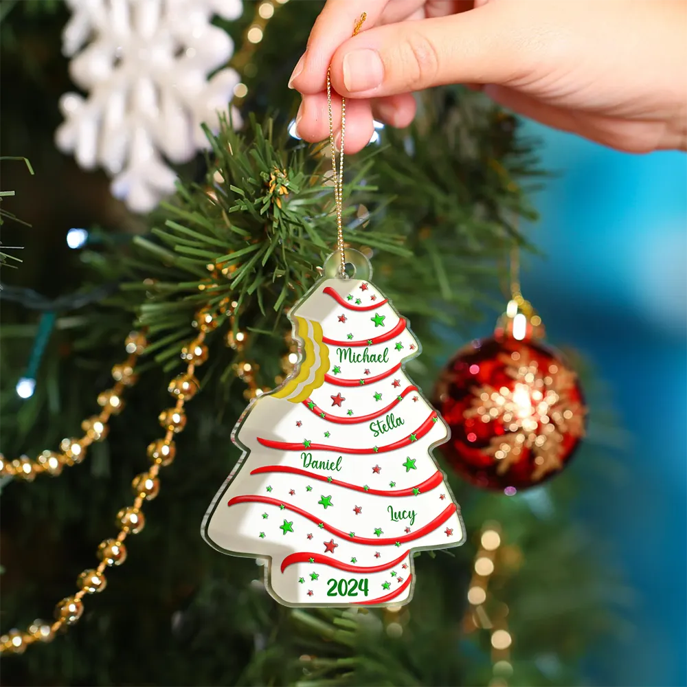 Bitten Christmas Tree Cake For Family With Kid Baby Name - Personalized Custom Shaped Acrylic Ornament