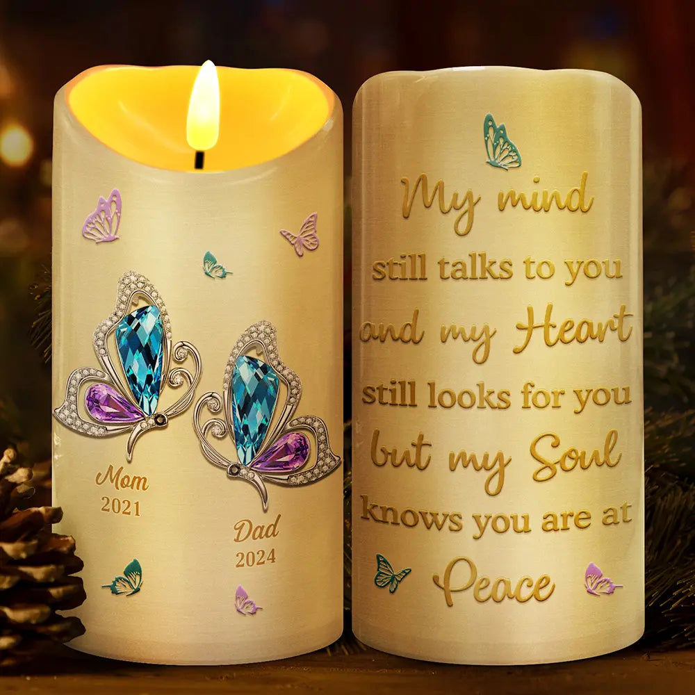 Memorial, Family, Parents, Gift For Grandparents - My Mind Still Talks To You Butterfly Memorial - Personalized Flameless LED Candle