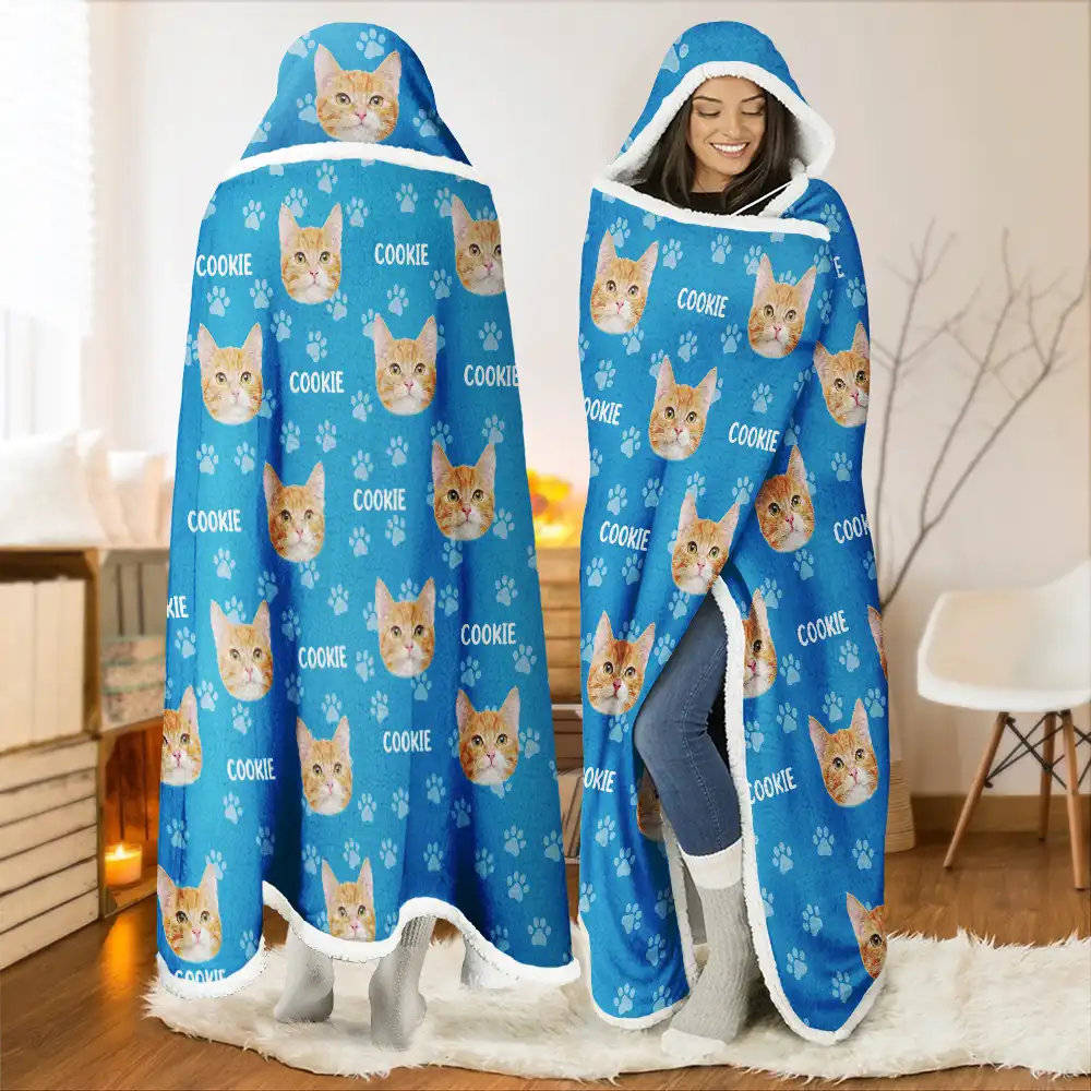 Happy,Dog Lovers,Cat Lovers,Pet Lovers - Custom Photo Funny Pet Face Pattern Dog Cat Family - Personalized Wearable Hooded Blanket