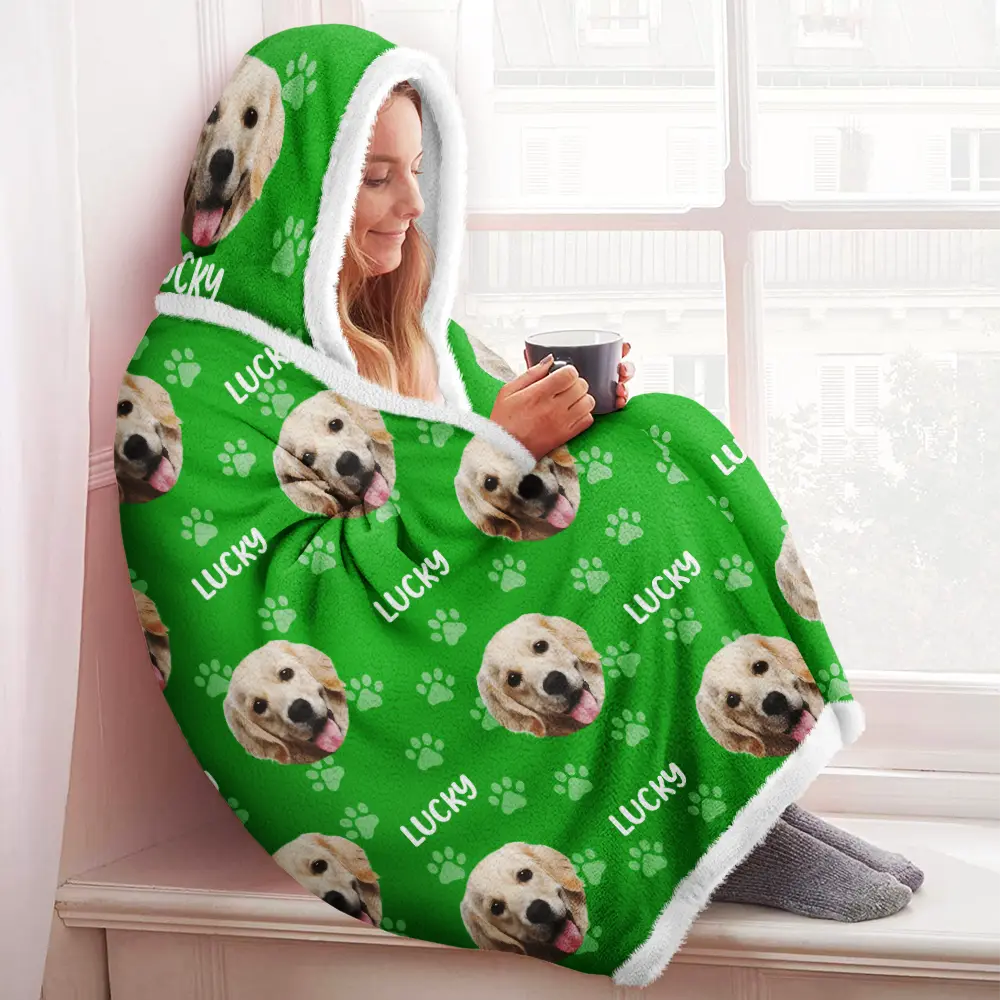 Happy,Dog Lovers,Cat Lovers,Pet Lovers - Custom Photo Funny Pet Face Pattern Dog Cat Family - Personalized Wearable Hooded Blanket