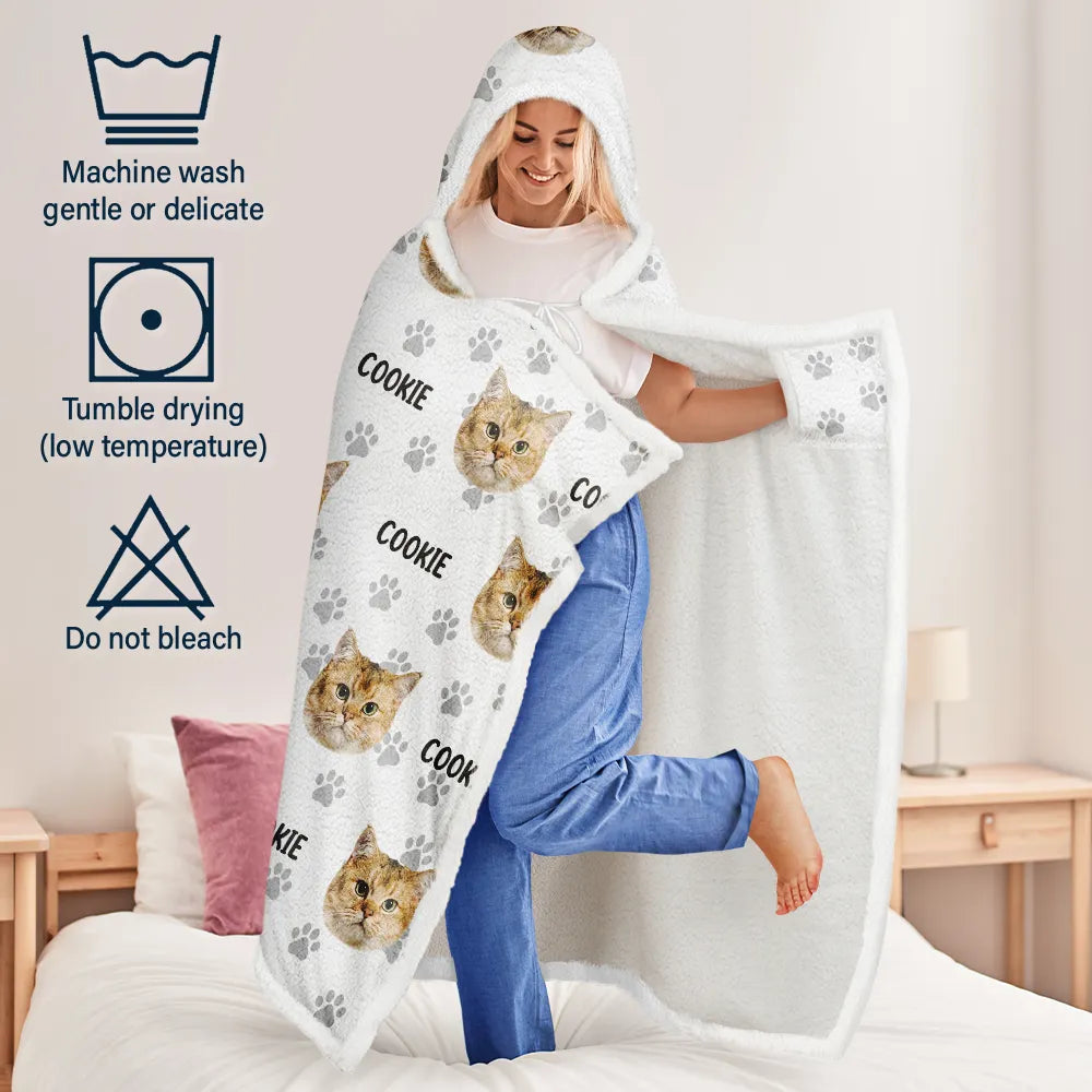 Happy,Dog Lovers,Cat Lovers,Pet Lovers - Custom Photo Funny Pet Face Pattern Dog Cat Family - Personalized Wearable Hooded Blanket