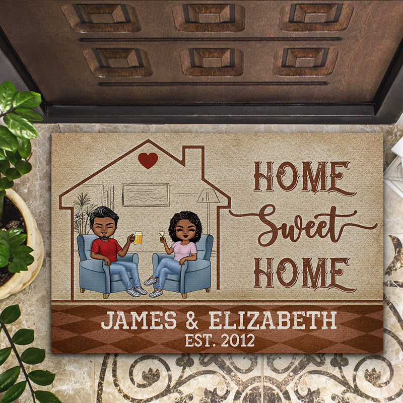 Home Sweet Home Husband Wife Chibi - Couple Gift - Personalized Custom Doormat