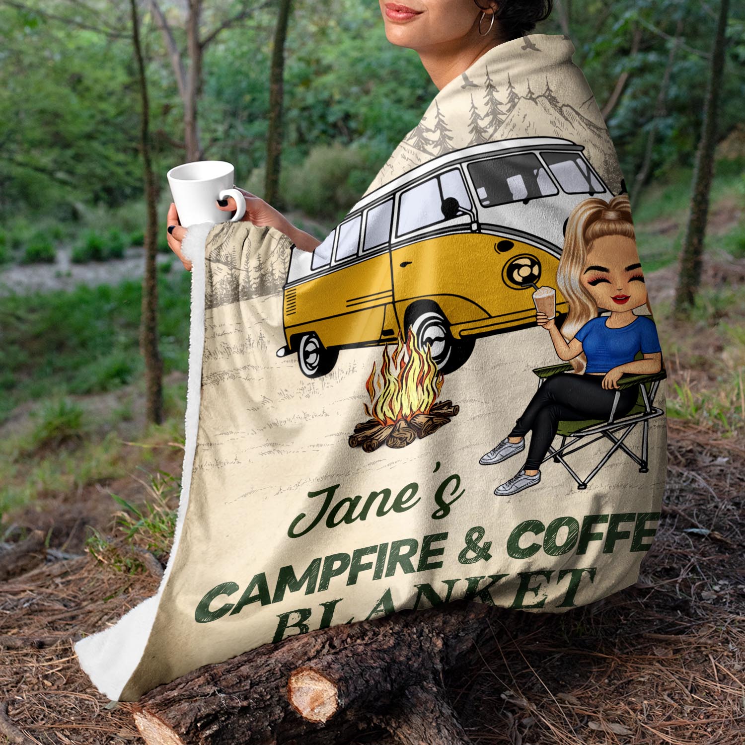 Campfire And Coffee Blanket - Gift For Camping Lovers, Campers - Personalized Fleece Blanket