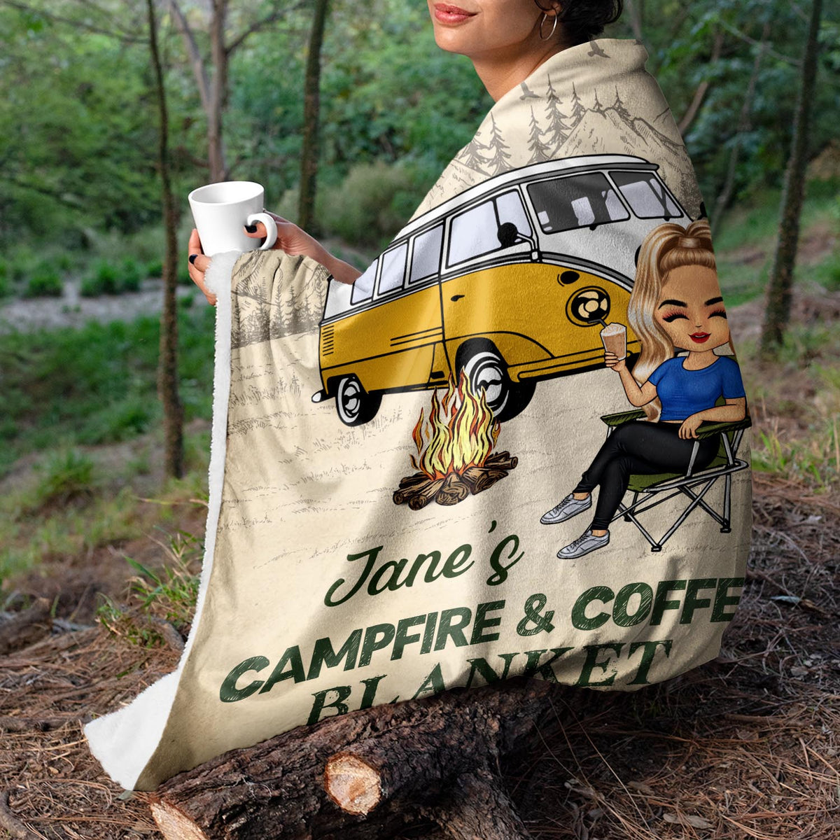 Campfire And Coffee Blanket - Gift For Camping Lovers, Campers - Personalized Fleece Blanket