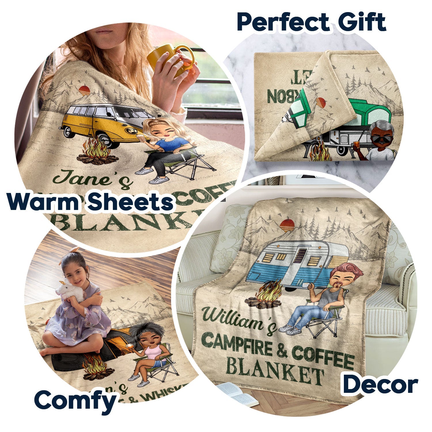 Campfire And Coffee Blanket - Gift For Camping Lovers, Campers - Personalized Fleece Blanket