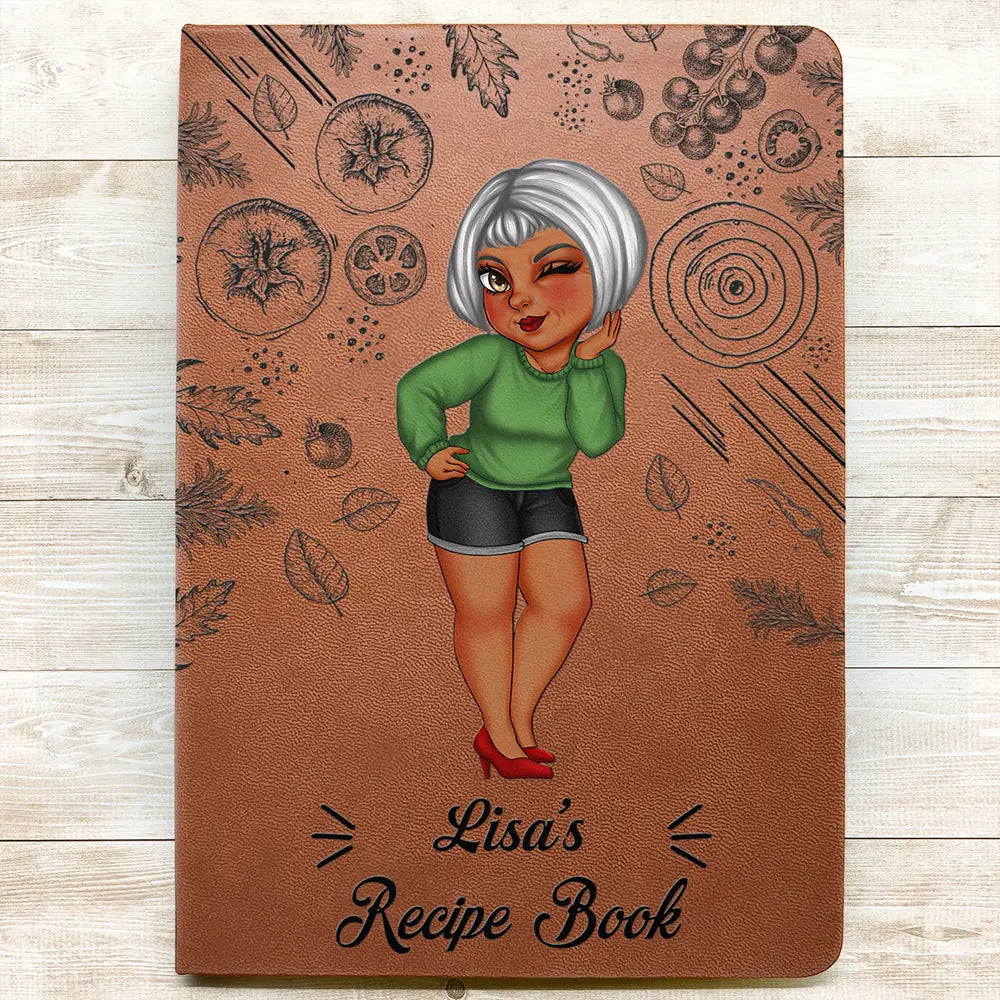 Cartoon Woman Recipe Book - Personalized Leather Journal