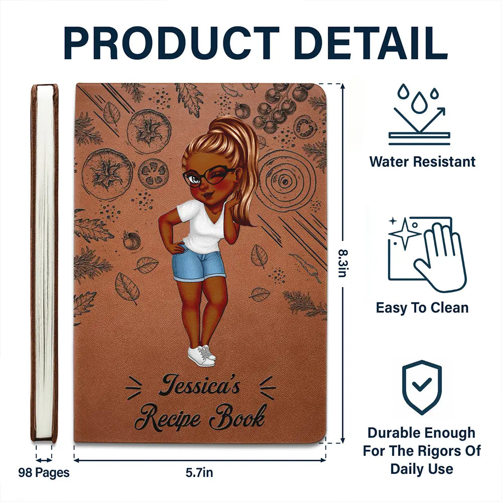 Cartoon Woman Recipe Book - Personalized Leather Journal