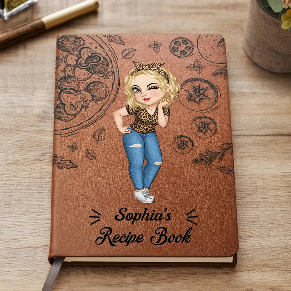 Cartoon Woman Recipe Book - Personalized Leather Journal