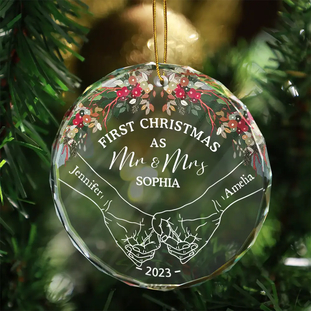 Gift For Couples - Holding Hands First Christmas Couple - Personalized Circle Glass Ornament
