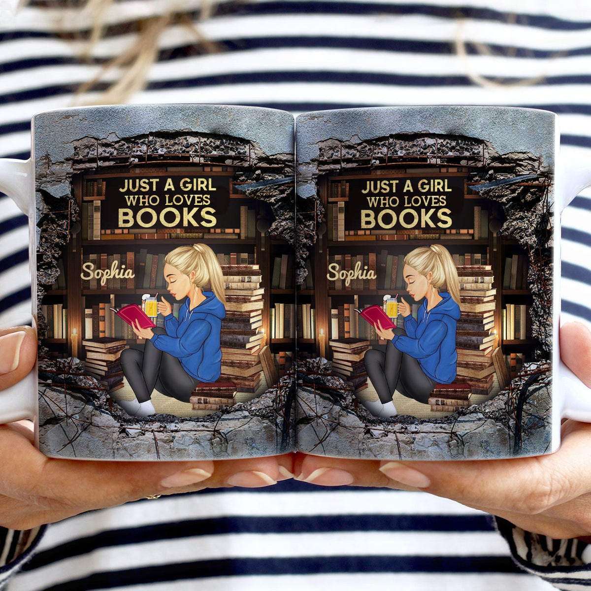 3D Cracked Wall Reading Girl - Gift For Book Lovers - Personalized White Edge-to-Edge Mug