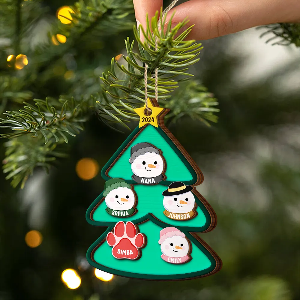 Christmas Tree Snowman Family - Personalized 2-Layered Wooden Ornament