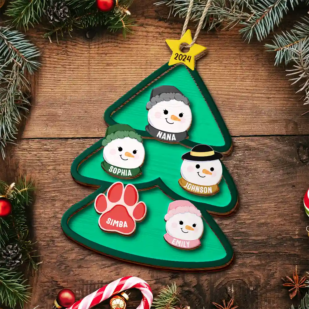 Christmas Tree Snowman Family - Personalized 2-Layered Wooden Ornament