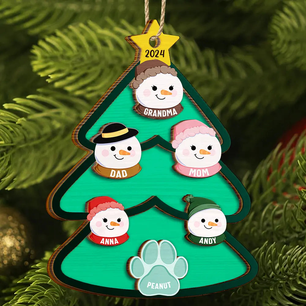 Christmas Tree Snowman Family - Personalized 2-Layered Wooden Ornament