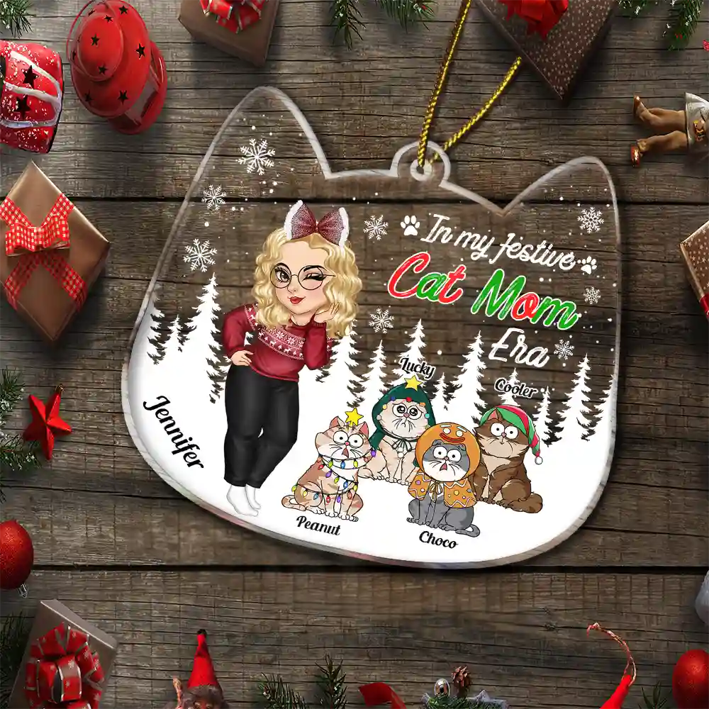 Christmas In My Festive Cat Mom Era - Personalized Custom Shaped Acrylic Ornament