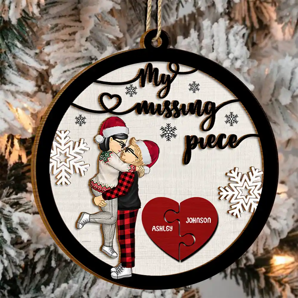 My Missing Piece Christmas Couple Hugging Kissing - Personalized 2-Layered Wooden Ornament