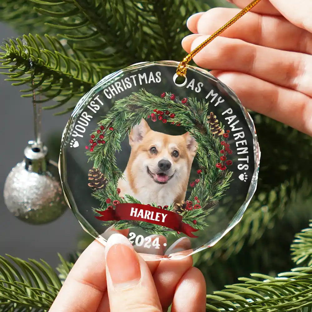 Pet Lovers - Custom Photo Dog Cat Your First Christmas As My Pawrents - Personalized Circle Glass Ornament