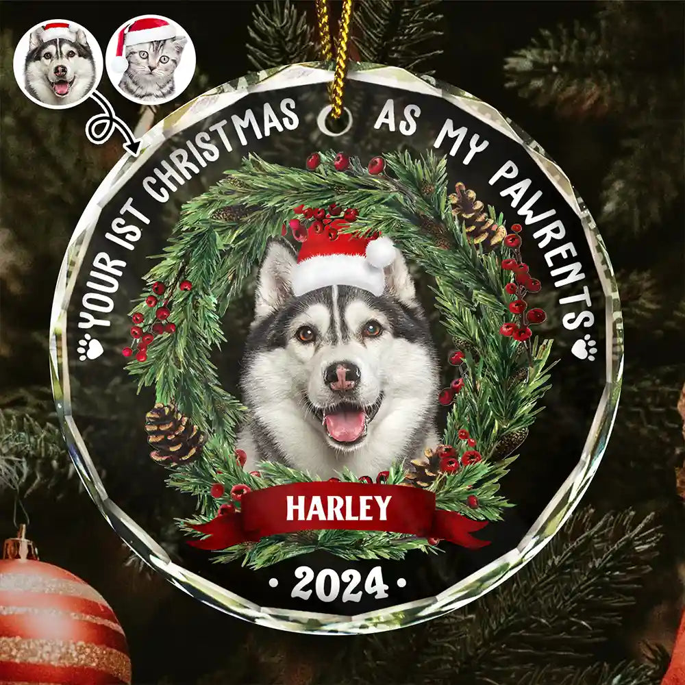 Pet Lovers - Custom Photo Dog Cat Your First Christmas As My Pawrents - Personalized Circle Glass Ornament