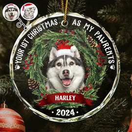 Pet Lovers - Custom Photo Dog Cat Your First Christmas As My Pawrents - Personalized Circle Glass Ornament