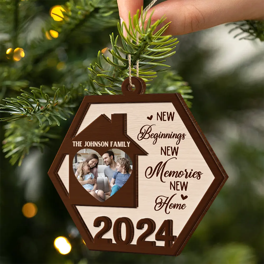 Family - Custom Photo Family New Beginnings New Memories New Home - Personalized 2-Layered Wooden Ornament