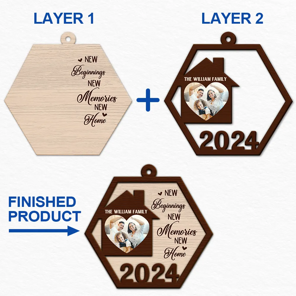 Family - Custom Photo Family New Beginnings New Memories New Home - Personalized 2-Layered Wooden Ornament