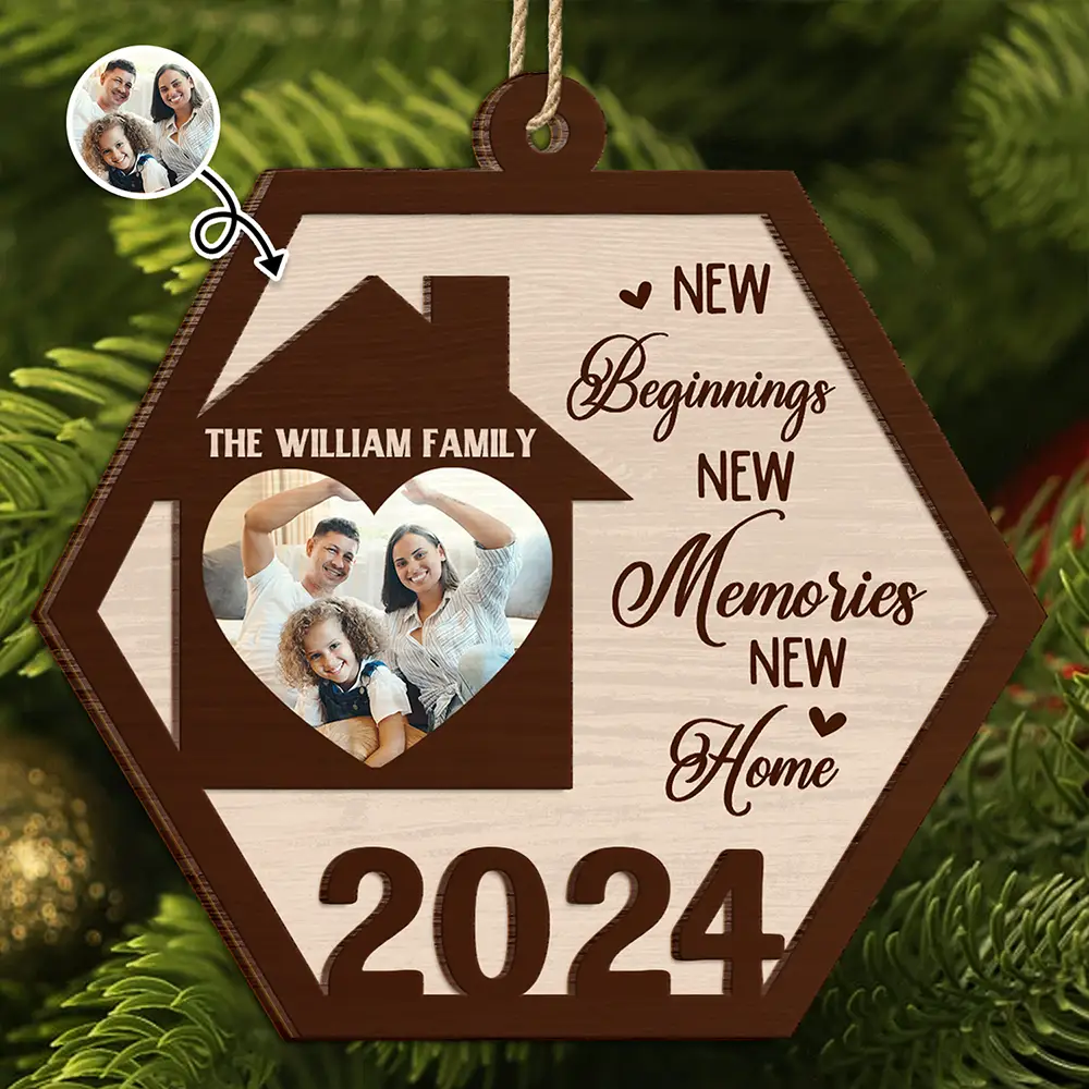 Family - Custom Photo Family New Beginnings New Memories New Home - Personalized 2-Layered Wooden Ornament