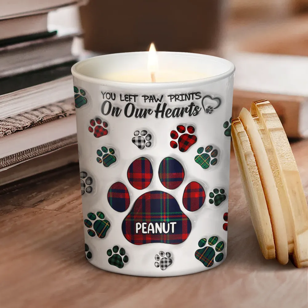 Memorial, Pet Lovers, Dog Lovers, Cat Lovers - Memorial Dog Cat You Left Paw Prints On My Heart - 3D Inflated Effect Printed Candle, Personalized Scented Candle With Wooden Lid