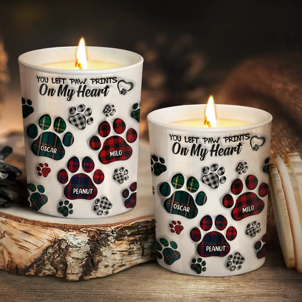 Memorial, Pet Lovers, Dog Lovers, Cat Lovers - Memorial Dog Cat You Left Paw Prints On My Heart - 3D Inflated Effect Printed Candle, Personalized Scented Candle With Wooden Lid