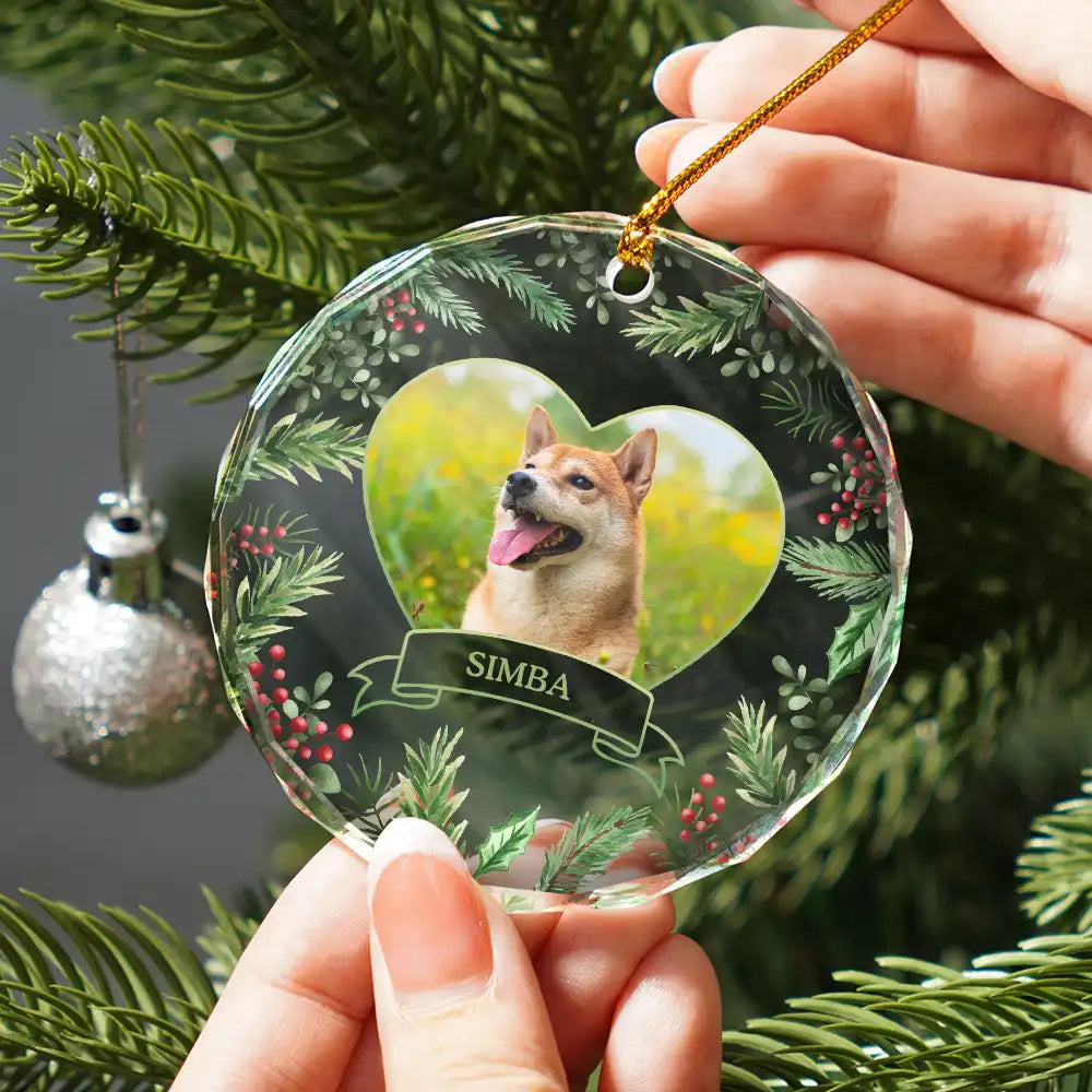 Pet Lovers, Dog Lovers, Cat Lovers - Custom Photo Christmas Dog Cat Pet Love Heart - Personalized Circle Glass Ornament