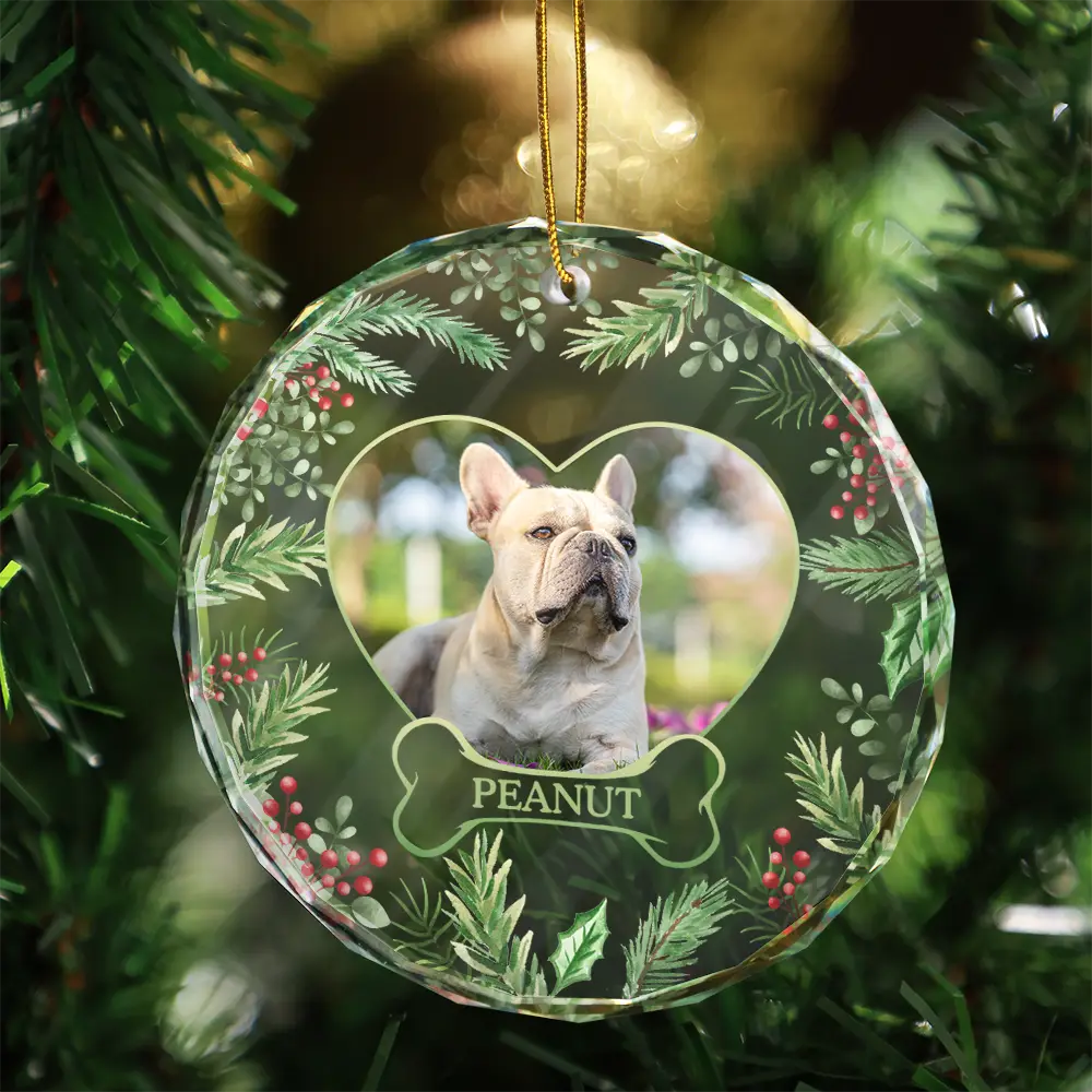 Pet Lovers, Dog Lovers, Cat Lovers - Custom Photo Christmas Dog Cat Pet Love Heart - Personalized Circle Glass Ornament