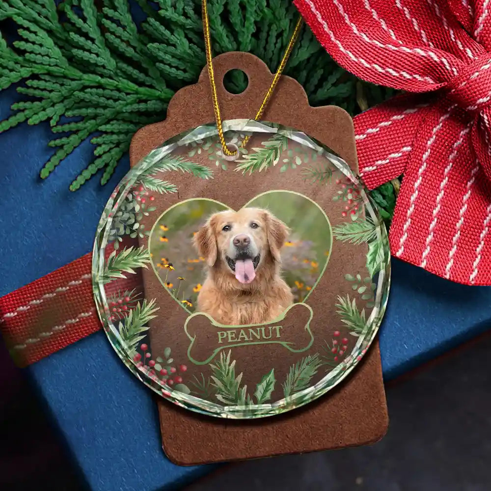 Pet Lovers, Dog Lovers, Cat Lovers - Custom Photo Christmas Dog Cat Pet Love Heart - Personalized Circle Glass Ornament