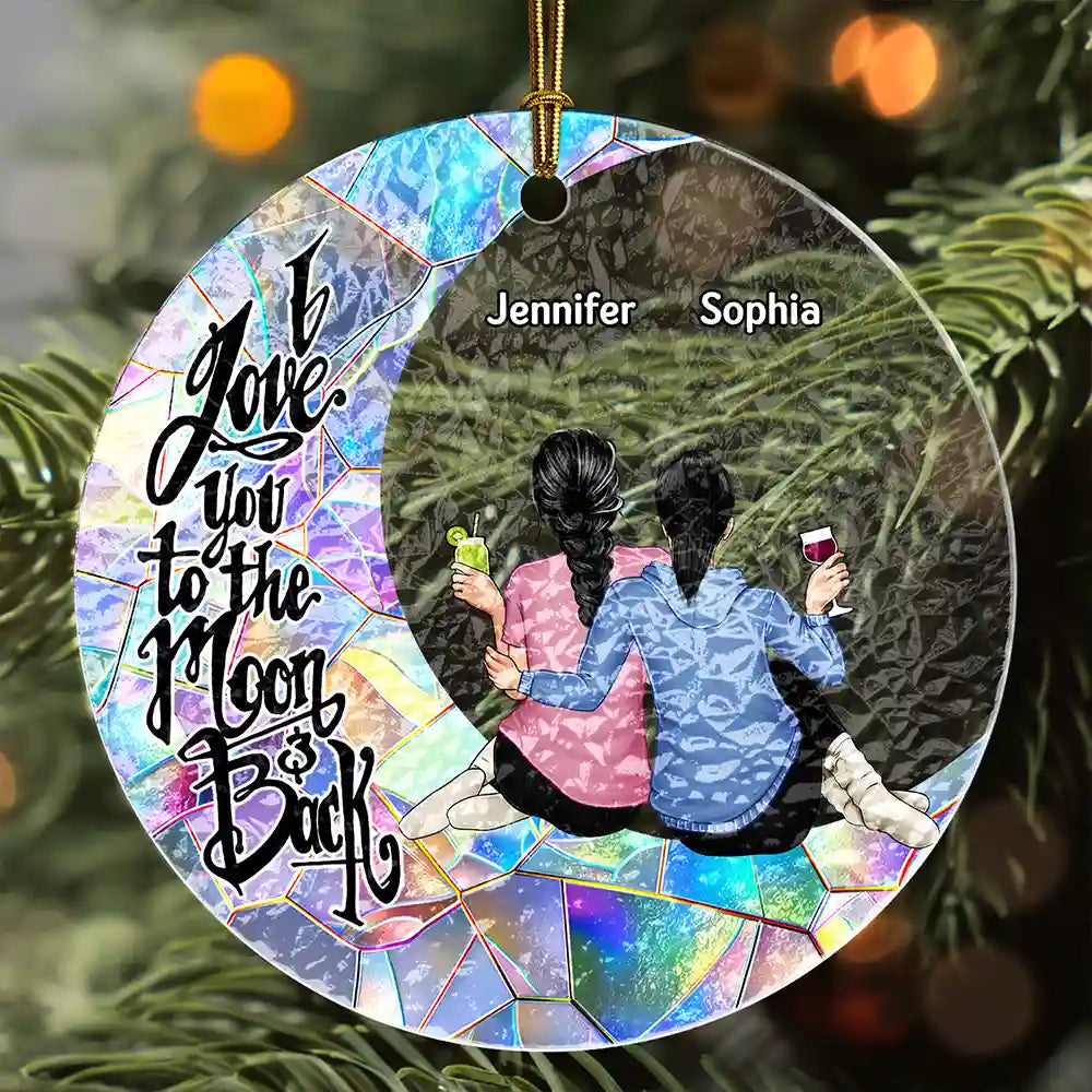 Gift For Bestie, Gift For Sisters - Besties I Love You To The Moon & Back - Personalized Stained Glass Ornament