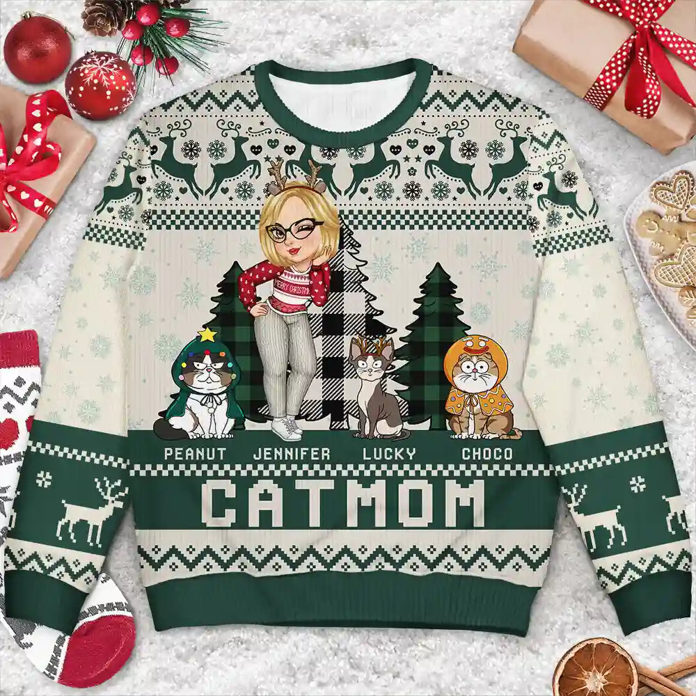 Cat Lovers, Cat Mom, Gift For Yourself, Gift For Women - Christmas Cat Mom Funny Cartoon Cats - Personalized Unisex Ugly Sweater