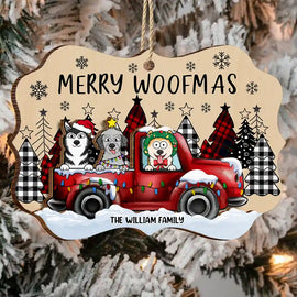 Pet Lovers, Dog Lovers - Merry Woofmas Dog Lovers Red Truck - Personalized 2-Layered Wooden Ornament