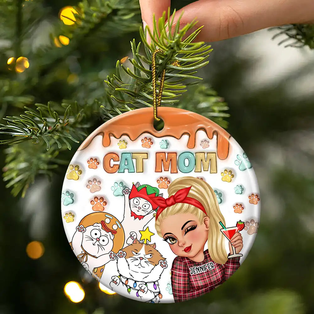 Pet Lovers, Cat Lovers, Cat Mom, Gift For Yourself - Christmas Cat Mom Cat Mum - 3D Inflated Effect Printed Ornament, Personalized Circle Ceramic Ornament