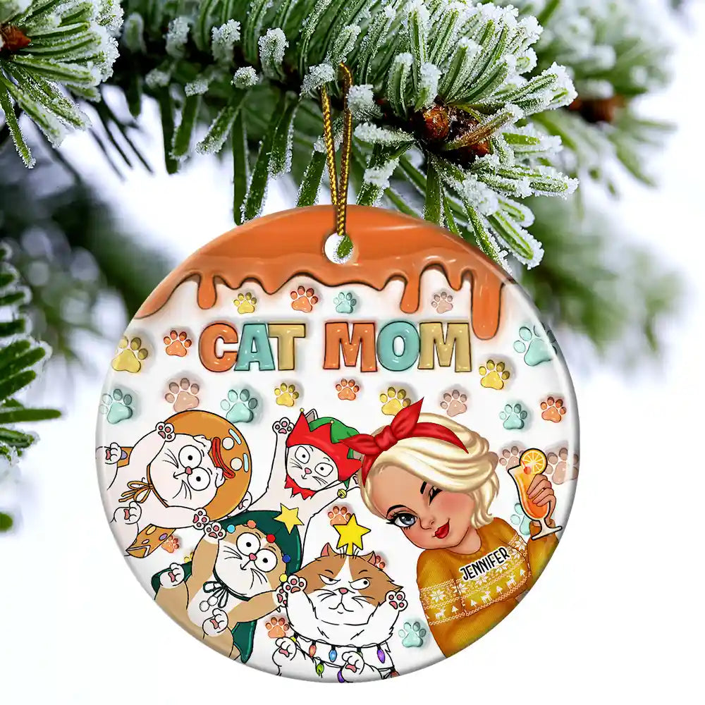 Pet Lovers, Cat Lovers, Cat Mom, Gift For Yourself - Christmas Cat Mom Cat Mum - 3D Inflated Effect Printed Ornament, Personalized Circle Ceramic Ornament