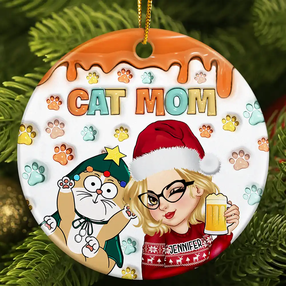 Pet Lovers, Cat Lovers, Cat Mom, Gift For Yourself - Christmas Cat Mom Cat Mum - 3D Inflated Effect Printed Ornament, Personalized Circle Ceramic Ornament