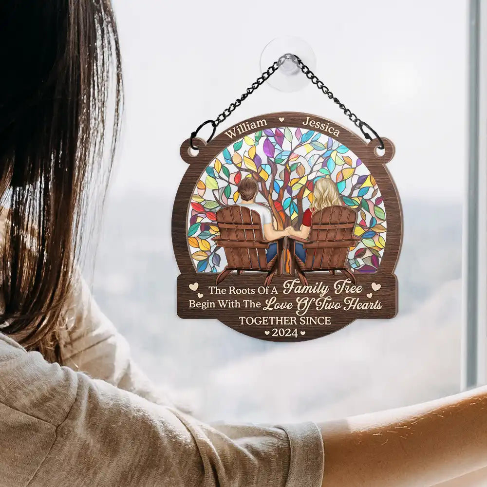 Gift For Couples - Couple The Roots Of A Family Tree Begin With The Love Of Two Hearts - Personalized Window Hanging Suncatcher Ornament