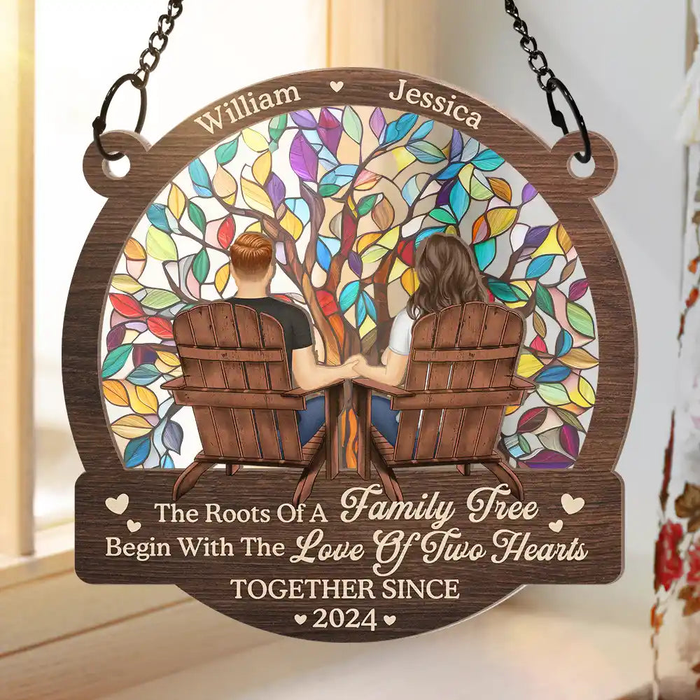 Gift For Couples - Couple The Roots Of A Family Tree Begin With The Love Of Two Hearts - Personalized Window Hanging Suncatcher Ornament