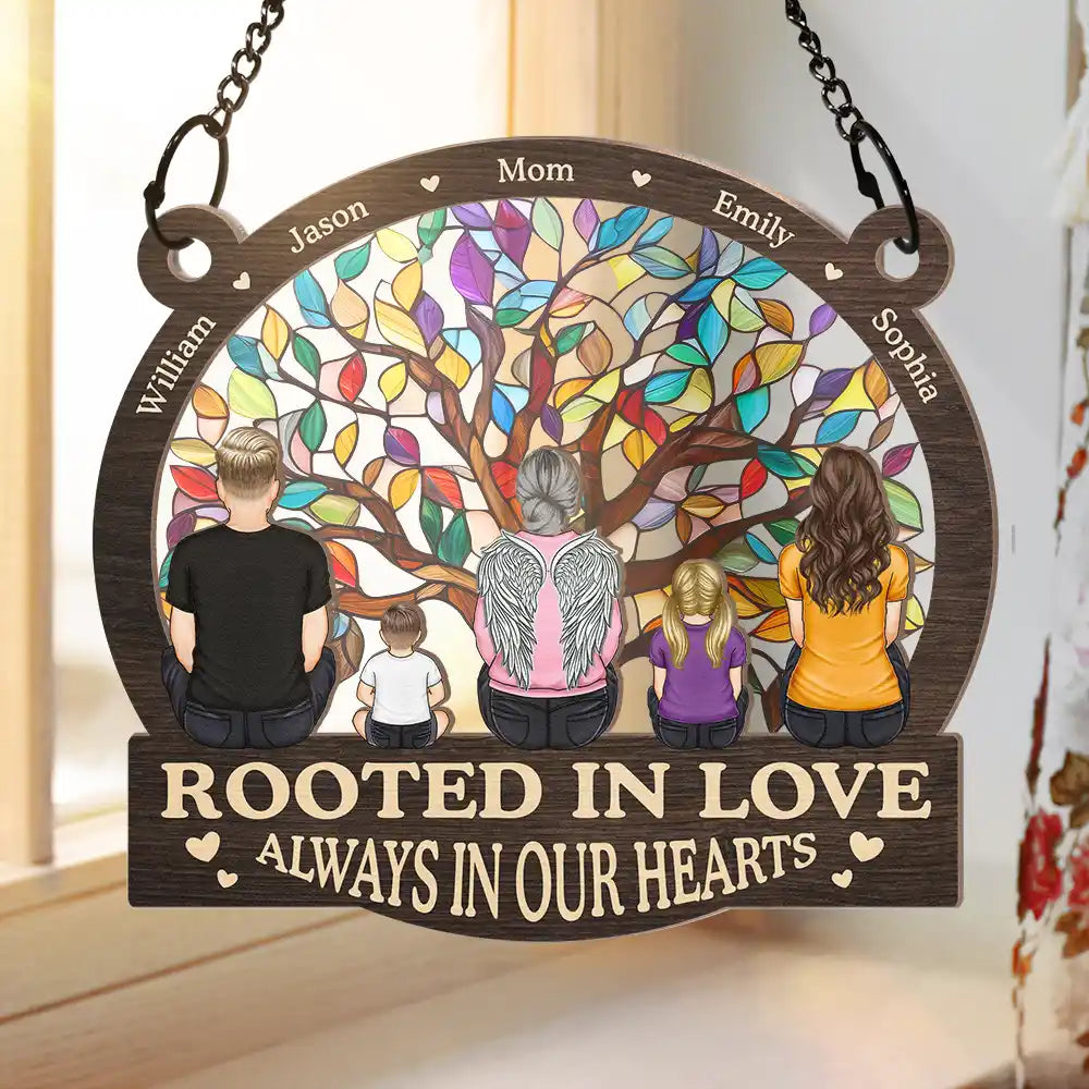 Memorial, Family - Memorial Family Tree Of Life Rooted In Love Always In Our Hearts - Personalized Window Hanging Suncatcher Ornament