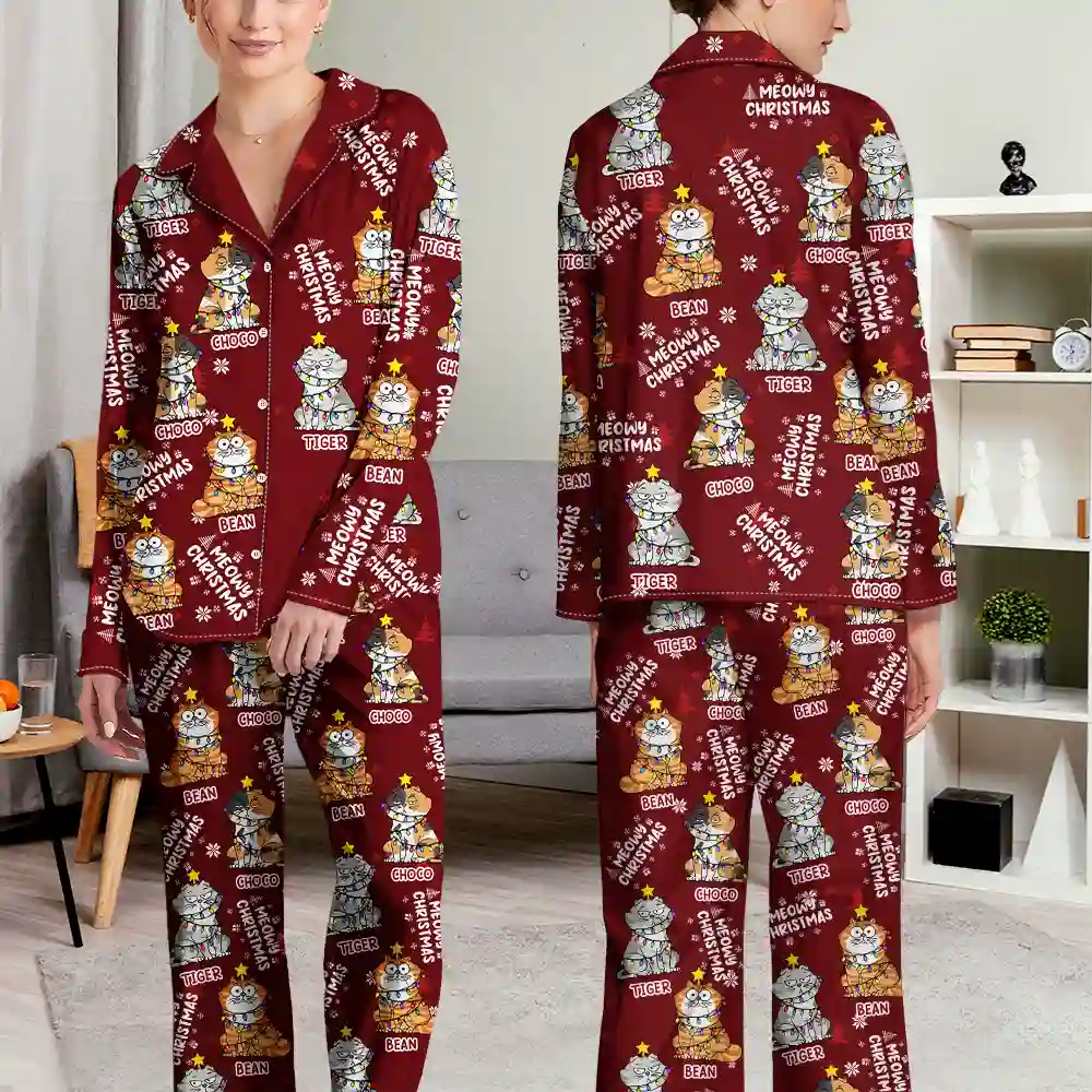 Pet Lovers, Cat Lovers - Meowy Catmas Funny Cartoon Cats - Personalized Long Pajamas Set