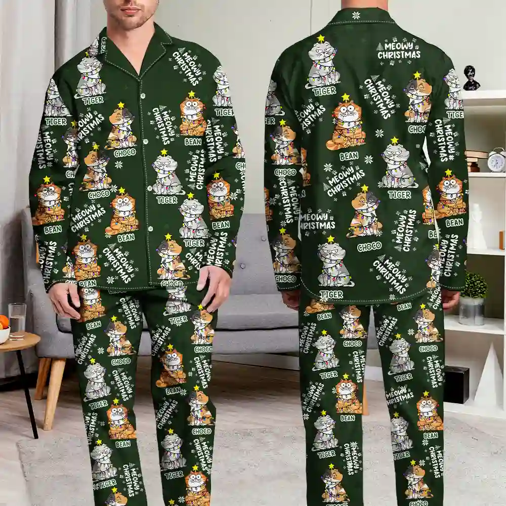 Pet Lovers, Cat Lovers - Meowy Catmas Funny Cartoon Cats - Personalized Long Pajamas Set