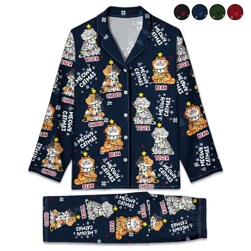 Pet Lovers, Cat Lovers - Meowy Catmas Funny Cartoon Cats - Personalized Long Pajamas Set