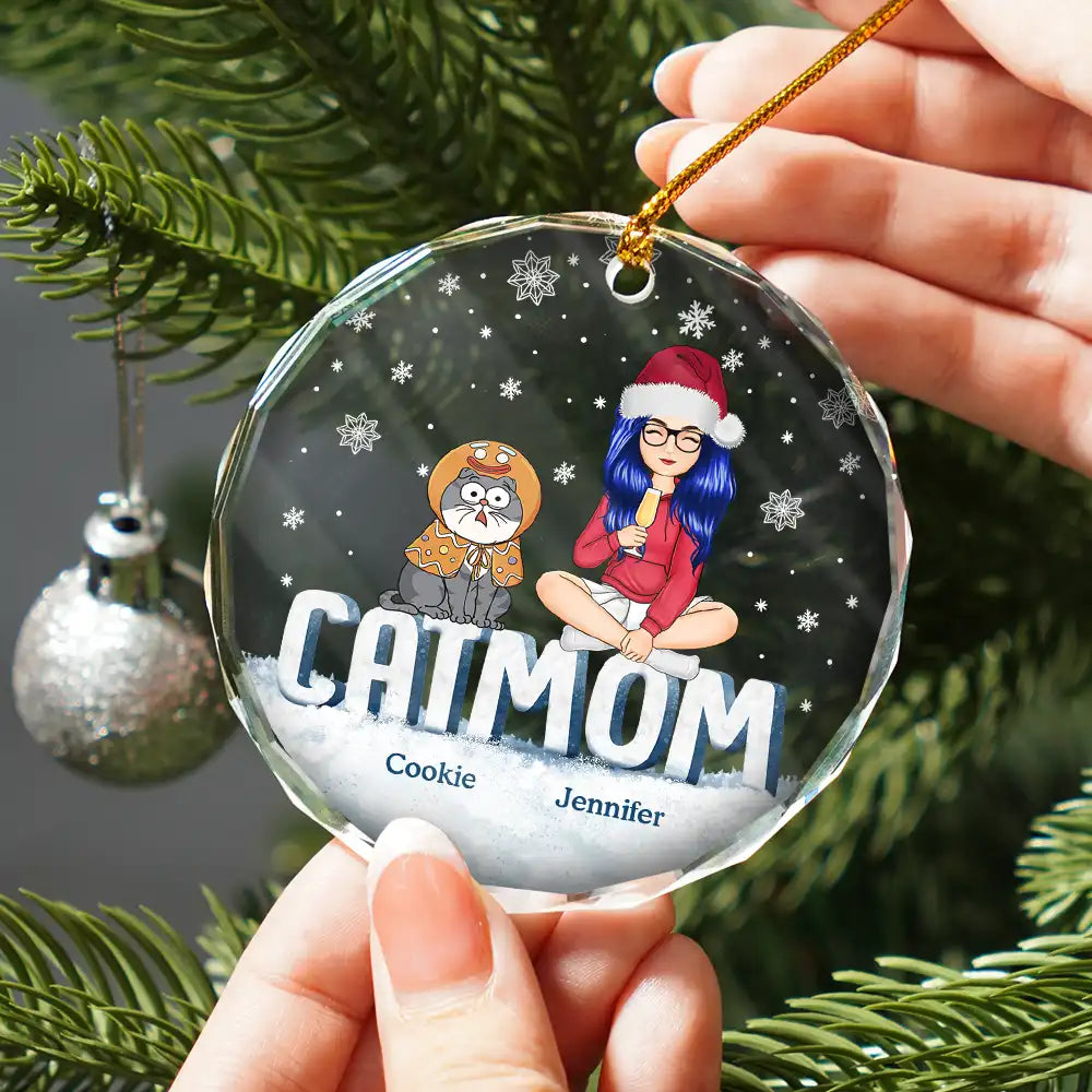 Cat Lovers, Cat Mom, Gift For Yourself, Gift For Women - Christmas Cat Mom Cartoon Style - Personalized Circle Glass Ornament