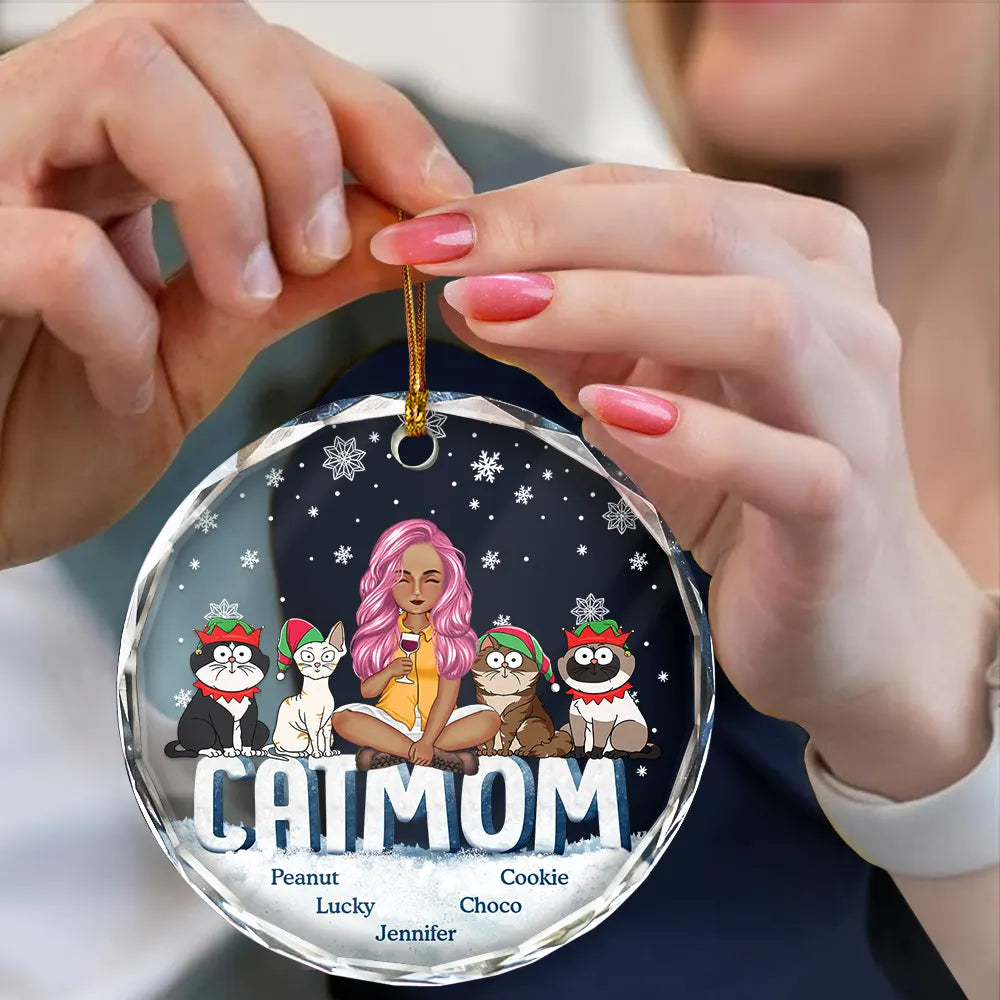 Cat Lovers, Cat Mom, Gift For Yourself, Gift For Women - Christmas Cat Mom Cartoon Style - Personalized Circle Glass Ornament