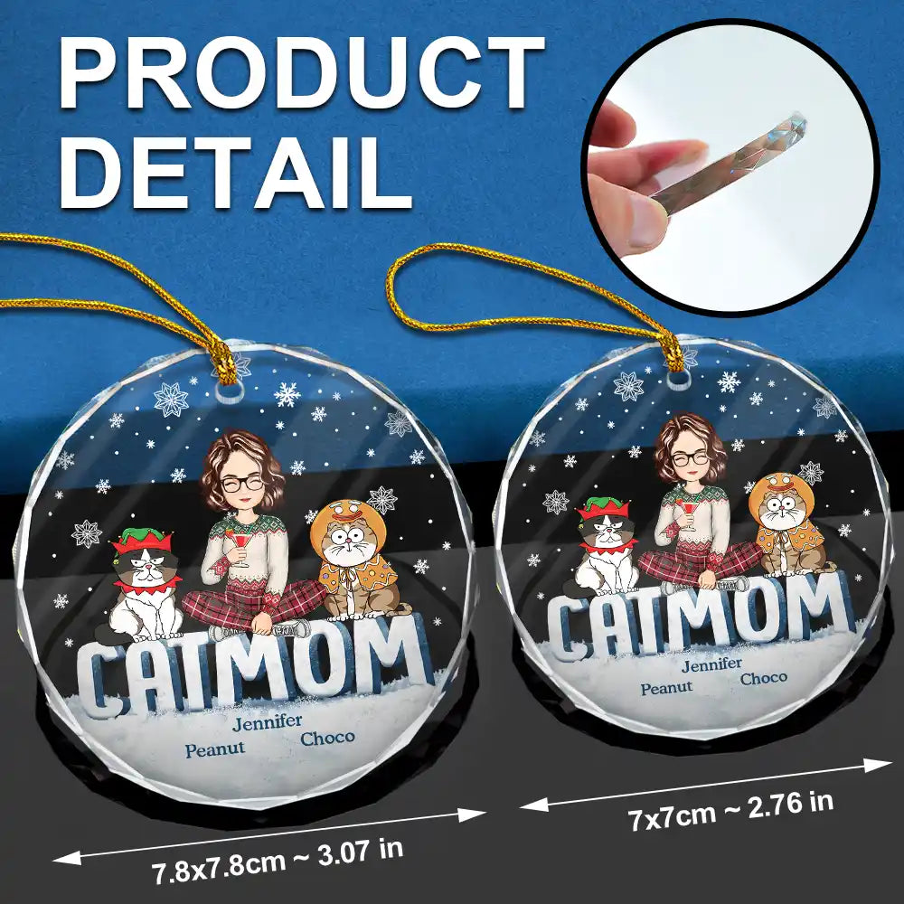 Cat Lovers, Cat Mom, Gift For Yourself, Gift For Women - Christmas Cat Mom Cartoon Style - Personalized Circle Glass Ornament