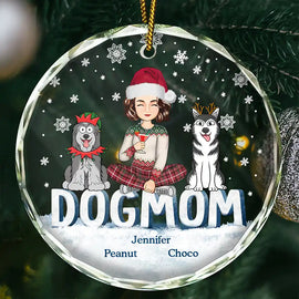 Dog Lovers,Dog Mom,Gift For Yourself,Gift For Women - Christmas Dog Mom Cartoon Style - Personalized Circle Glass Ornament