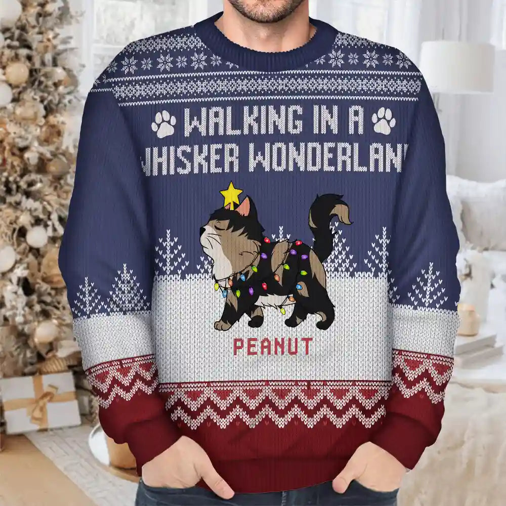 Cat Lovers, Funny, Cat Mom, Cat Dad - Walking In A Whiskers Wonderland - Personalized Unisex Ugly Sweater
