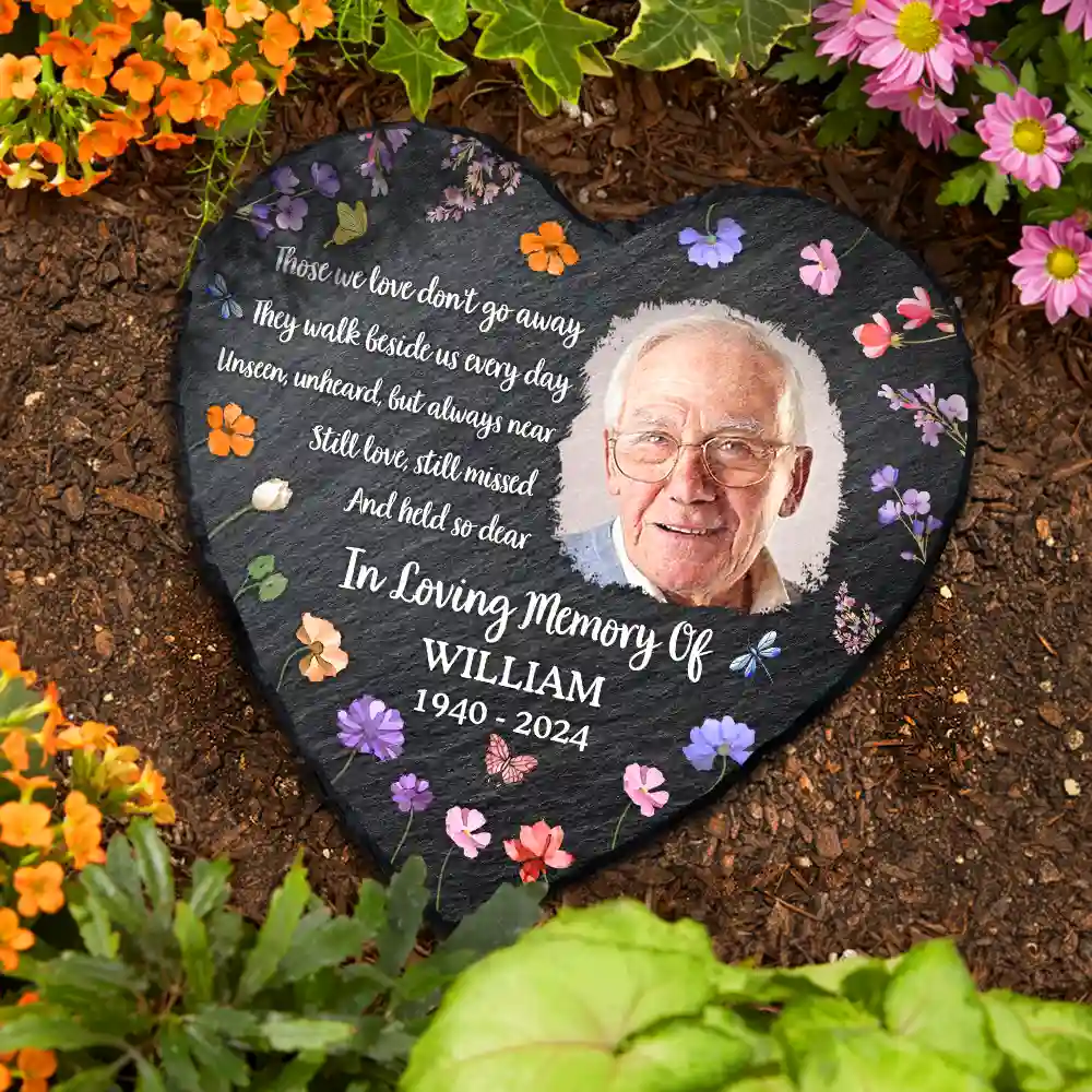 Memorial,Custom Photo,Sad - Custom Photo Those We Love Don't Go Away - Personalized Heart Memorial Garden Stone