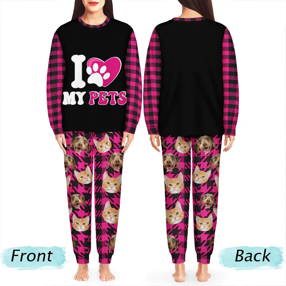 Pet Lovers, Dog Lovers, Cat Lovers - Custom Photo I Love My Dog Cat Pet - Personalized Unisex Pajamas Set
